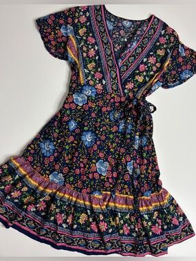 Boho Floral Wrap Dress Size Small Cottagecore Prairie Festival Ruffle Mini